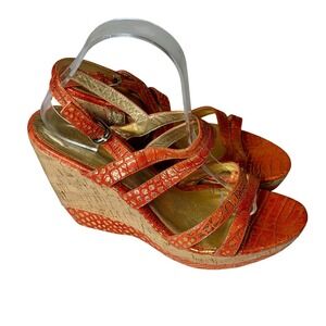 Isola Croc Embossed Leather Cork Strappy Wedge Sandals 10 M Orange Gold Metallic